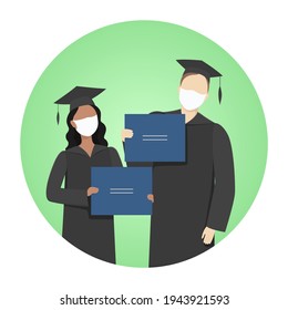 Graduate students in masks and academic caps hold diplomas. Vector icon.