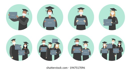 Graduate students in masks. University. Vector icon set.