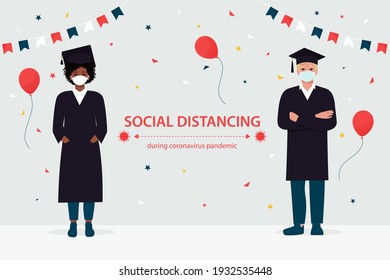 Graduate students in protective masks keep their distance due to the coronavirus pandemic. Young people celebrate graduation from college, university, institute, etc. Vector illustration in flat style