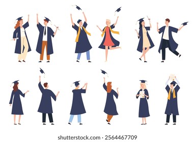 Graduate students in robes with diplomas. Young people who have completed their studies in higher educational institutions. Obtaining professional higher education. Vector illustrations