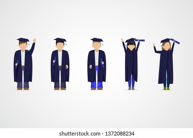 Graduate Students Set - Isolated On Gray Background - Vector Illustration. Flat Design Of Graduate Students. Happy Young Man And Woman. University People.  Cute People With Characters