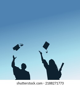Graduate students tossing up hats over the blue sky. Celebration of graduate student success stock illustration