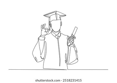 Graduate students wearing cap and gown continuous one line drawing. Graduation concept in single line art illustration. Editable vector.  