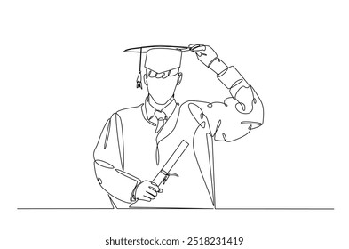 Graduate students wearing cap and gown continuous one line drawing. Graduation concept in single line art illustration. Editable vector.  