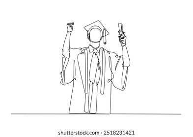 Estudantes de pós-graduação usando boné e vestido contínuo um desenho de linha. Conceito de graduação em ilustração de arte de linha única. Vetor editável.  