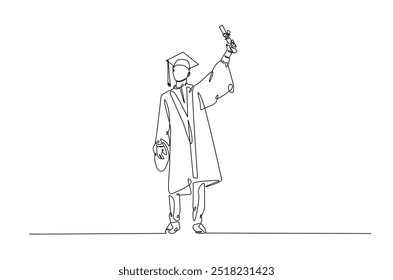 Graduate students wearing cap and gown continuous one line drawing. Graduation concept in single line art illustration. Editable vector.  