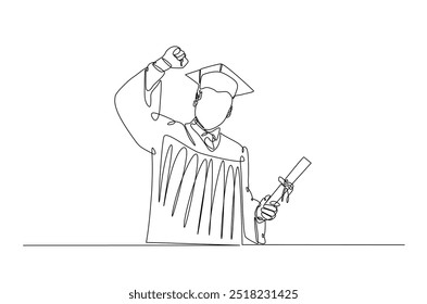 Graduate students wearing cap and gown continuous one line drawing. Graduation concept in single line art illustration. Editable vector.  