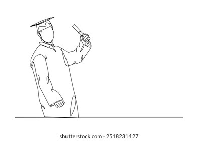 Graduate students wearing cap and gown continuous one line drawing. Graduation concept in single line art illustration. Editable vector.  