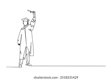 Graduate students wearing cap and gown continuous one line drawing. Graduation concept in single line art illustration. Editable vector.  