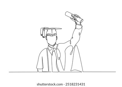 Graduate students wearing cap and gown continuous one line drawing. Graduation concept in single line art illustration. Editable vector.  