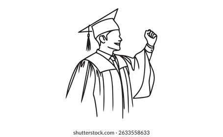 Graduate students wearing cap and gown continuous one line drawing. Graduation concept in single line art illustration. Editable vector.