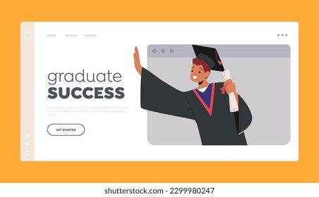 Graduate Success Landing Page Template. Online Graduation Ceremony With Boy Bachelor Character Holding Diploma Scroll On Laptop Screen, Celebrating Achievements. Cartoon People Vector Illustration