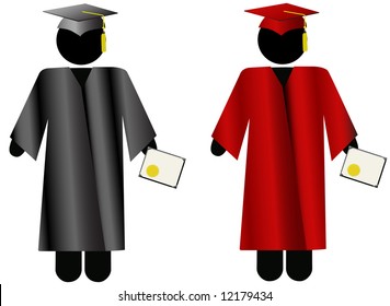 The Graduate: Symbol people in black or crimson mortar board Cap & Gown, for school graduation.