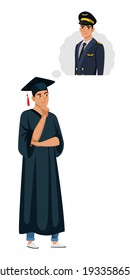 Graduate teenager boy student wearing academic hat with tassel and gown dreaming of airline pilot future profession standing isolated on white background. Education finish and graduation
