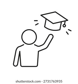 Graduate Throwing Cap Line Icon. Academic Achievement And Celebration Outline Symbol. Education Success And Graduation Ceremony. Editable Stroke. Isolated Vector Illustration.