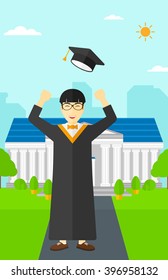 Graduate throwing up his hat.