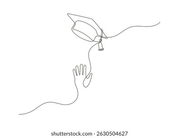 Graduate throws his graduation cap with his hand continuous one line drawing. Festive graduation from university. Vector illustration