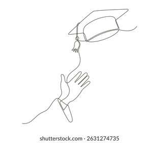 Graduate throws his graduation cap with his hand continuous one line drawing. Festive graduation from university. Vector illustration