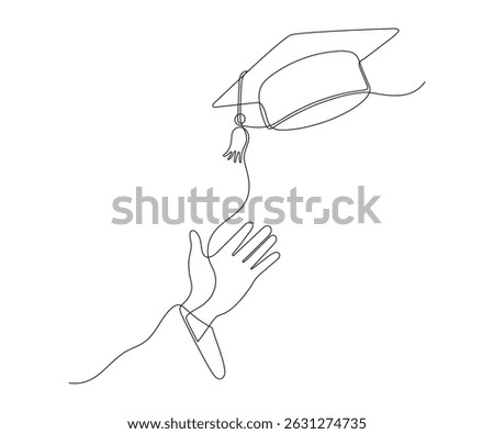 Graduate throws his graduation cap with his hand continuous one line drawing. Festive graduation from university. Vector illustration