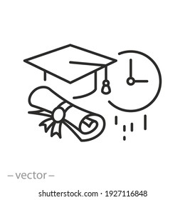 graduate time icon, education study hour, start learn university, clock and schedule, graduation on quarantine concept, diploma and cap, thin line symbol on white background - editable stroke vector