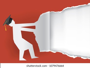 
Graduate torn red paper background. 
Illustration of paper silhouette with mortarboard ripped paper. Template for announcement of graduations.Vector available.