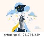 Graduate vector illustration background. Halftone effect student hand, cap in sky. Education graduation congratulation banner. Celebrate grad class of 2025, cool fun art collage design.