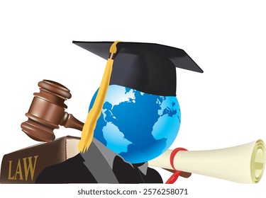 Graduate wearing cap and gown holding law book and diploma with earth for a head