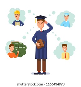 Graduate wearing graduation cap and thinking about future profession. Young man choosing profession between building engineer, doctor, teacher and manager. Career choice. Flat vector illustration