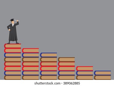 Graduate wearing mortar board and academic dress standing at the top of a flight of book steps. Vector cartoon illustration on academic achievement concept isolate on grey background.
