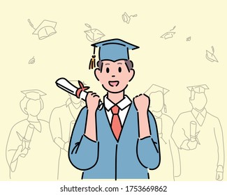 Ein Absolvent, der gerne ein Graduierungskleid trägt. handgezeichnete Vektordesign-Illustrationen. 