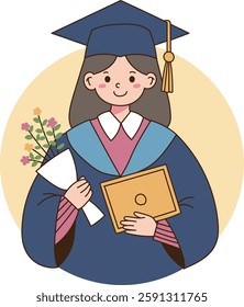 A graduate who graduates in robes with a smile on his face. minimal line art vector illustration.