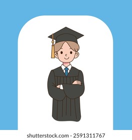 A graduate who graduates in robes with a smile on his face. minimal line art vector illustration.