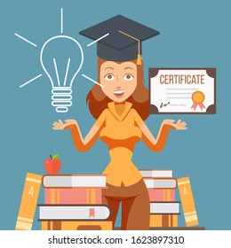 Graduate woman cartoon character, vector illustration. College student girl with education certificate. University studying, graduation diploma. Education gives opportunities for future career success