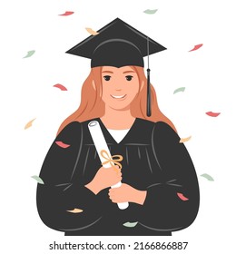 Graduate. Woman graduate college. Happy graduate student with diploma, wearing a robe and a square academic cap. Vector illustration