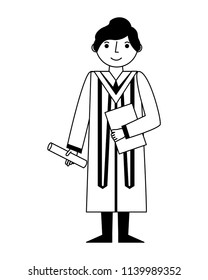 graduate woman in graduation robe and cap holds diploma
