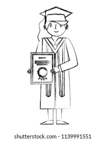 graduate woman in graduation robe and cap holds diploma