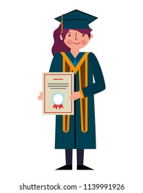 graduate woman in graduation robe and cap holds diploma