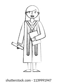 graduate woman in graduation robe and cap holds diploma