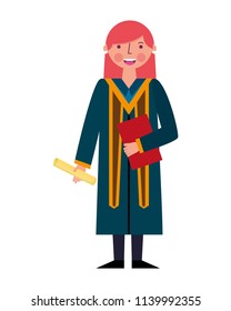 graduate woman in graduation robe and cap holds diploma