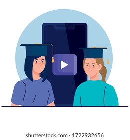 graduate women in education online by smartphone vector illustration design