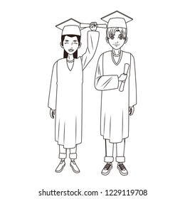 graduate young couple cartoon in black and white