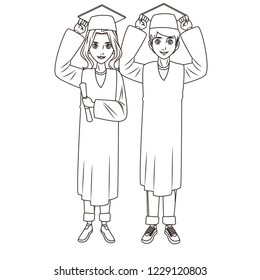graduate young couple cartoon in black and white