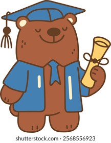 A Graduated bear holding diploma in cap and gown, smiling proudly
