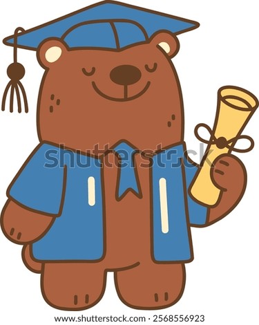 A Graduated bear holding diploma in cap and gown, smiling proudly
