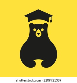 Graduated Bear Logo Negative Space Vector Template. Bear Education Hat Symbol