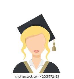 Graduated blonde female colorful flat vector icon. Student wears cap and academic dress. Isolated icon in white background. Girl in academic gown. Graduation cap and clothes. Graduation icon.