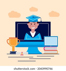 graduated boy in computer with virtual education icons
