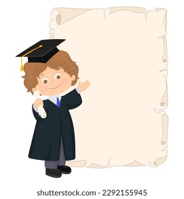 Graduated boy with diploma. School graduation coat and cap. 