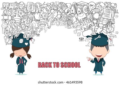 Graduated boy and girl pupils back of school background, drawing by hand vector