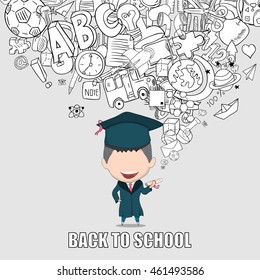 Graduated boy pupils back of school background, drawing by hand vector